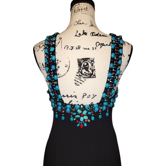 Boston Proper Muse Beaded Bodycon Mini Dress Sz 6 Black Turquoise Sexy Cocktail - Picture 4 of 5